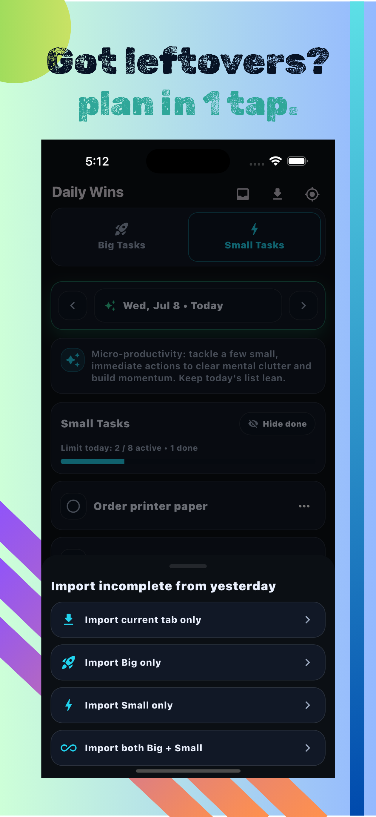 Got leftovers? Plan in 1 tap — Import from yesterday